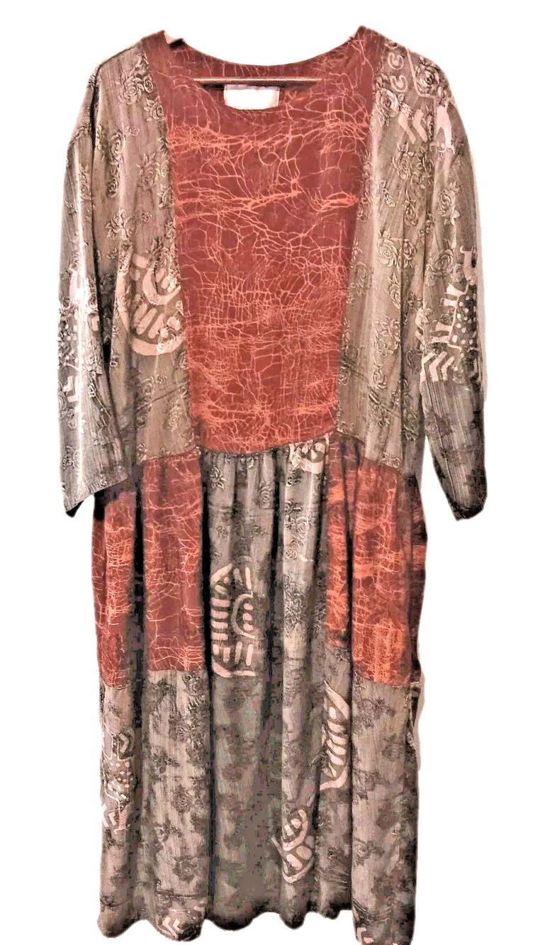 Vintage Kuswadi Bali Handmade Patchwork Rayon Dress Midi/Maxi Sz XXL Art-To-Wear
